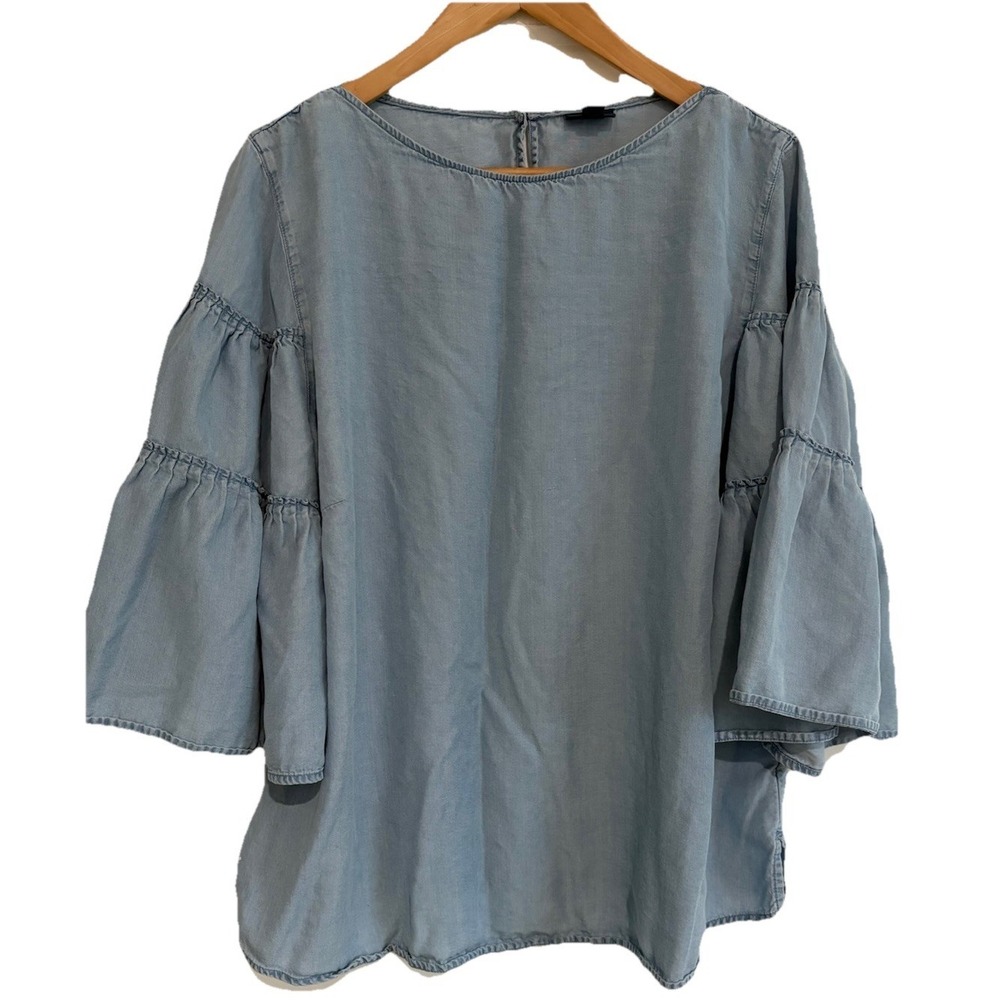J. Jill XL Tunic Blouse Blue 100% Tencel Soft Chambray Boat Neck Ruffle Sleeve